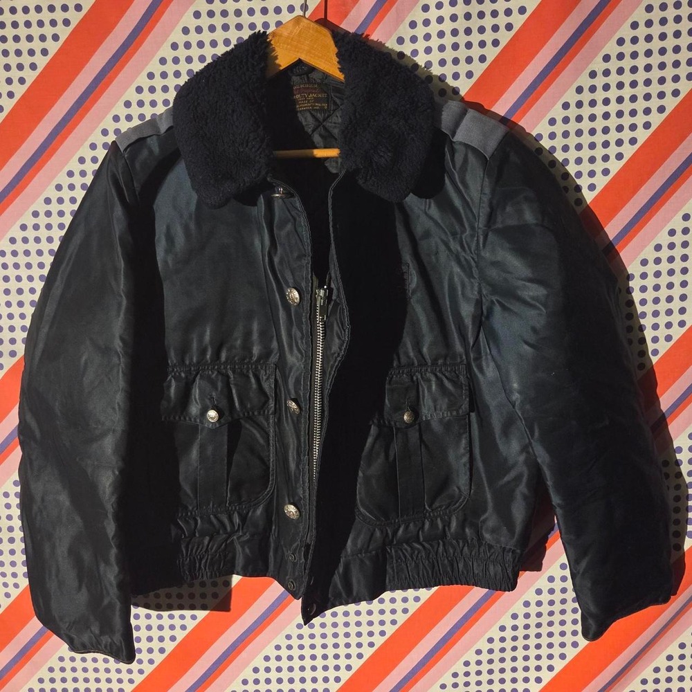 Vintage 70s Gerber Car Duty Jacket Navy Bomber Police Quilted Faux Fur Large